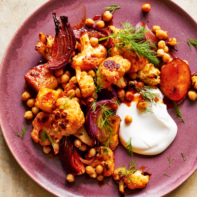 Roast harissa cauliflower & chickpea traybake