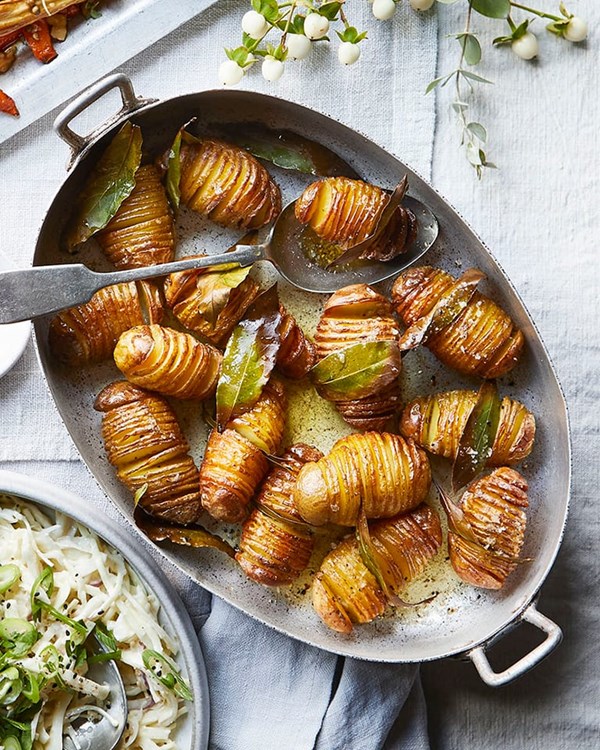 Roast Hasselbacks with bay and brandy butter