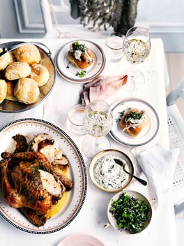 Roast herb chicken with Parker House rolls
