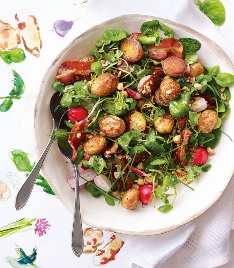 Roast Jersey Royal, spring herb, hazelnut and bacon salad with lemon brown butter dressing