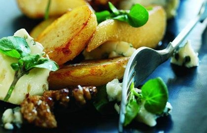 Roast Jersey Royals with glazed pear, Roquefort cheese and walnut salad