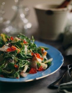 Roast Jerusalem artichokes, witlof & salmon roe salad with créme fraîche & chive dressing