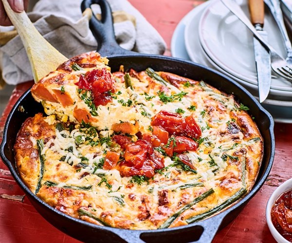 Roast kumara, green bean, corn & feta frittata with homemade tomato relish