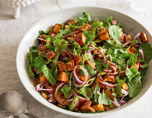 Roast kumara salad with mint and honey dressing