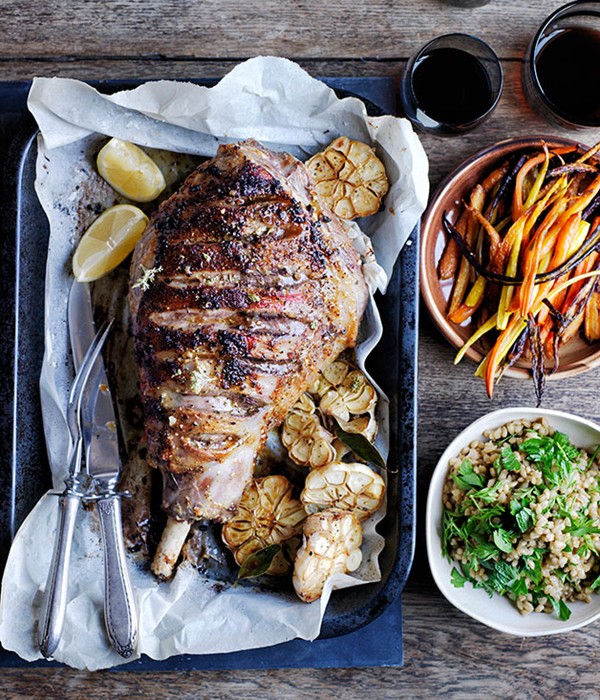 Roast lamb and carrots with buckwheat and carrot-top pilaf