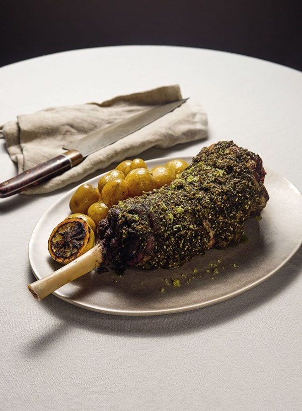 Roast lamb leg with preserved lemon, honey and juniper