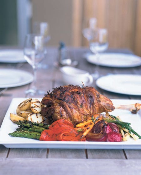 Roast lamb leg with preserved lemon and chargrilled vegetables