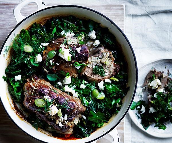 Roast lamb neck with kale, feta and dill