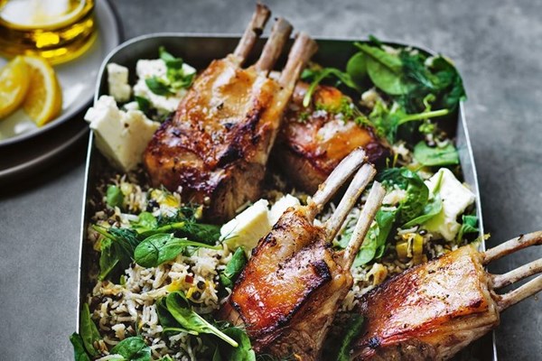 Roast lamb rack, lentils, spinach, lemon and feta