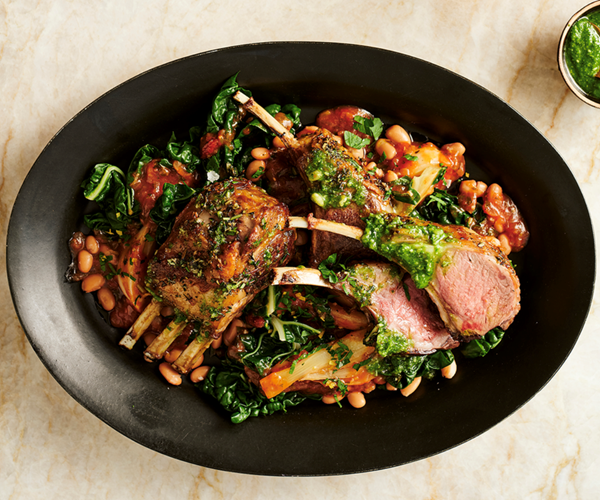 Roast lamb rack with braised silverbeet, fennel, and macadamia pesto