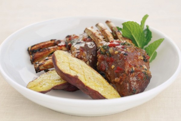 Roast lamb rack with chilli mint glaze