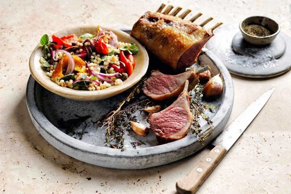 Roast lamb rack with fregola & capsicum salad