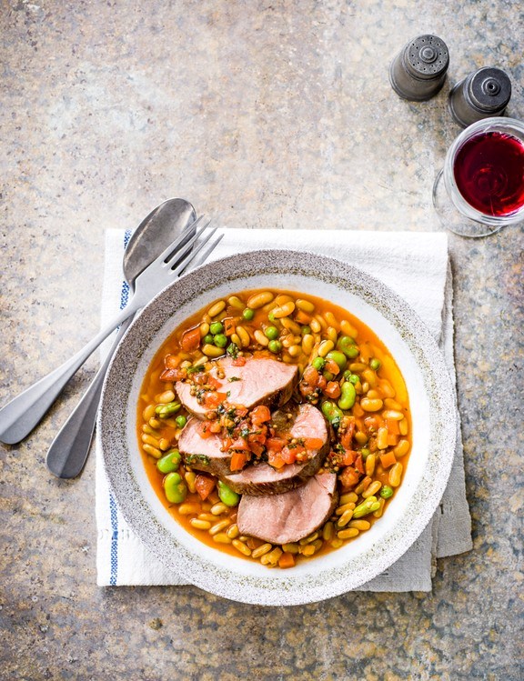 Roast lamb rump with flageolet and spring veg ragout