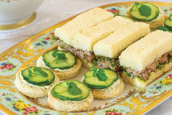 Roast lamb salad tea sandwiches with pistachio-mint pesto