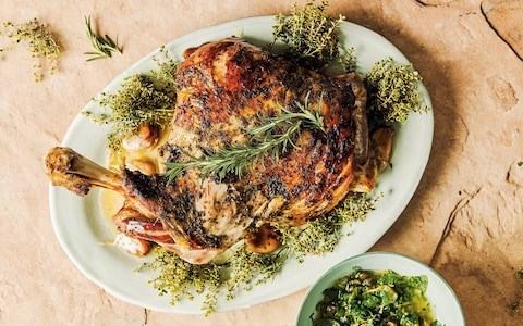 Roast lamb shoulder with honey and herbs, and a lemon and caper relish 