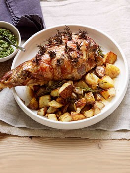 Roast lamb with anchovies, rosemary and salsa verde