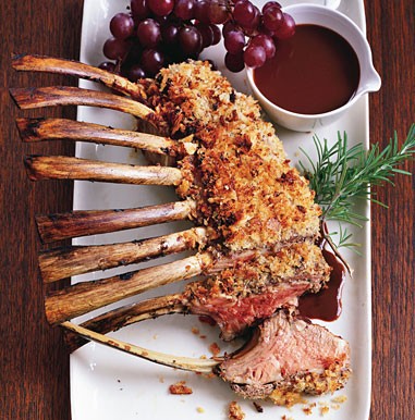 Roast lamb with lamb sausage crust and fresh grape pan sauce