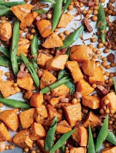 Roast lardons, sweet potato, chickpeas and runner beans