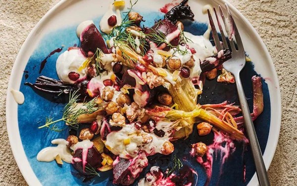 Roast leeks, beets and spiced chickpeas with tahini