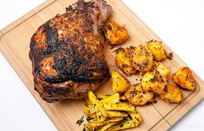 Roast leg of lamb 'aunty Soss's way' with spiced parsnips, carrots and crispy roast potatoes