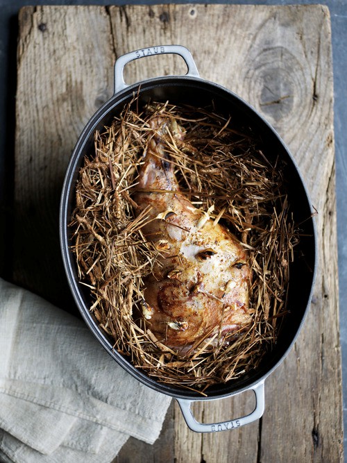 Roast leg of lamb in hay