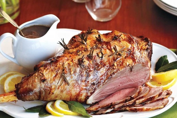 Roast leg of lamb with caramelized onion gravy