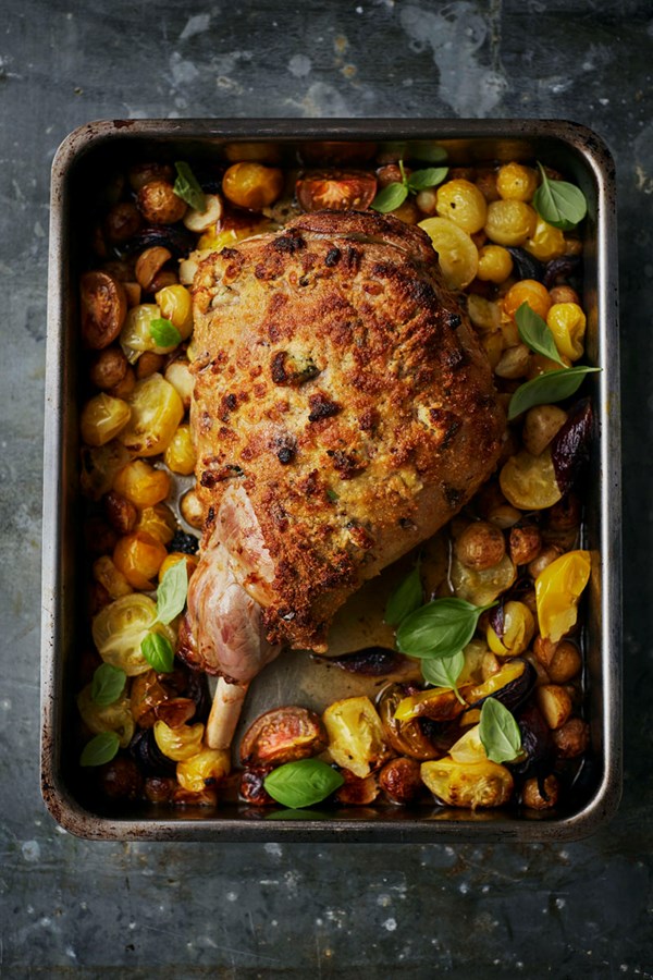 Roast leg of lamb with basil, pecorino, garlic & wine