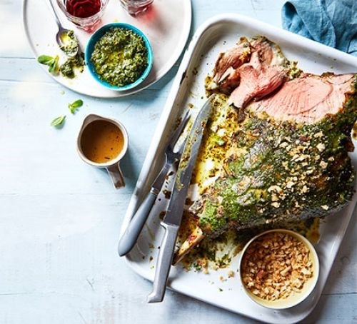 Roast leg of lamb with garlic and watercress butter