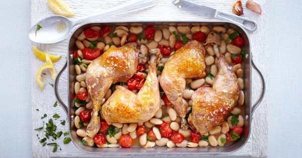 Roast lemon chicken with braised butter beans