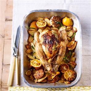 Roast lemony tarragon chicken with juicy new potatoes