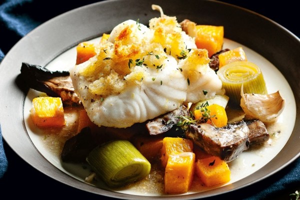 Roast ling with autumn vegetables