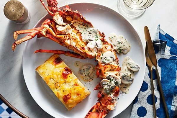 Roast lobster with Riesling and mushroom cream and potato gratin