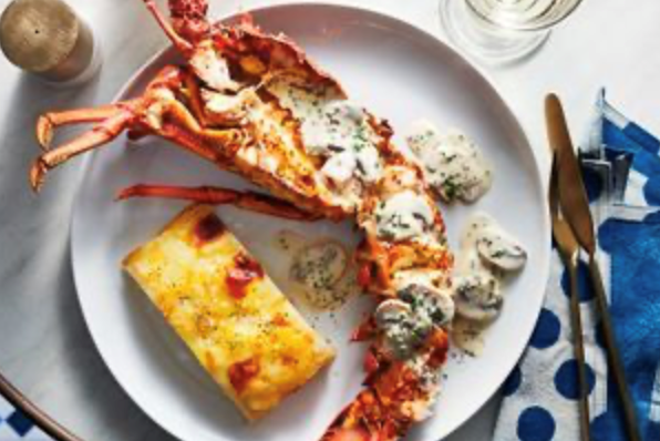 Roast lobster with Riesling and mushroom cream and potato gratin