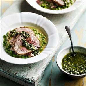 Roast loin of lamb with braised peas and salsa verde