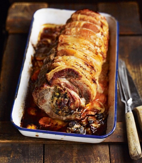 Roast loin of pork with black pudding stuffing and cider gravy
