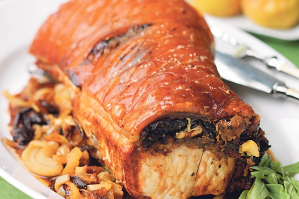 Roast loin of pork with prune & apple stuffing