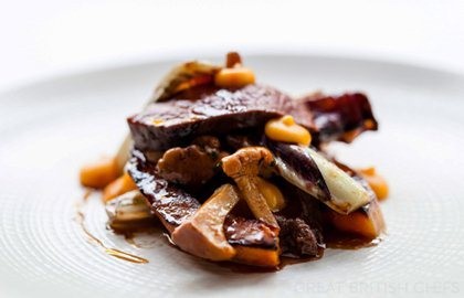 Roast loin of venison with butternut squash, girolles and roast Treviso