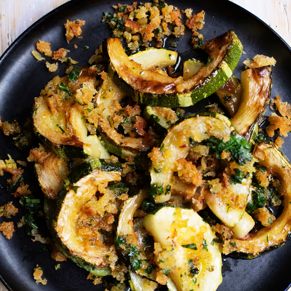 Roast marrow, lemon and basil pangrattato