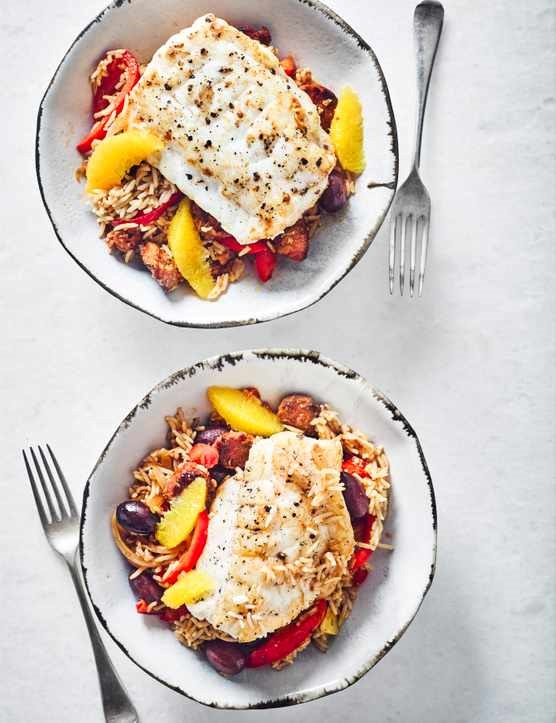 Roast monkfish with chorizo, sherry and rice