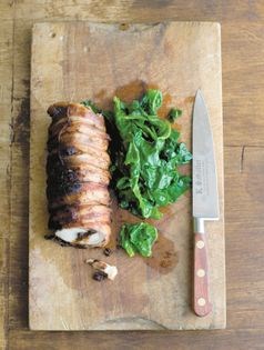 Roast monkfish with smoky bacon and black olives (Rôti de lotte, poitrine fumée et olives noires)
