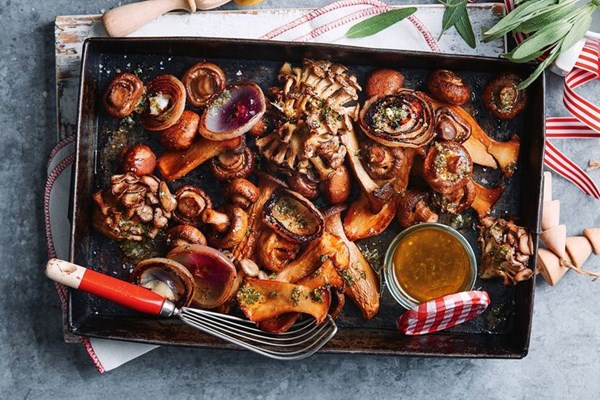 Roast mushrooms with charred onion