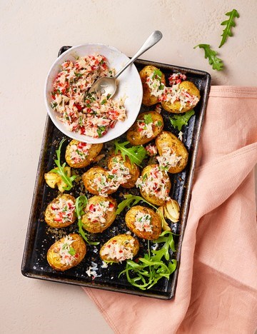 Roast new potatoes with chilli crab salsa