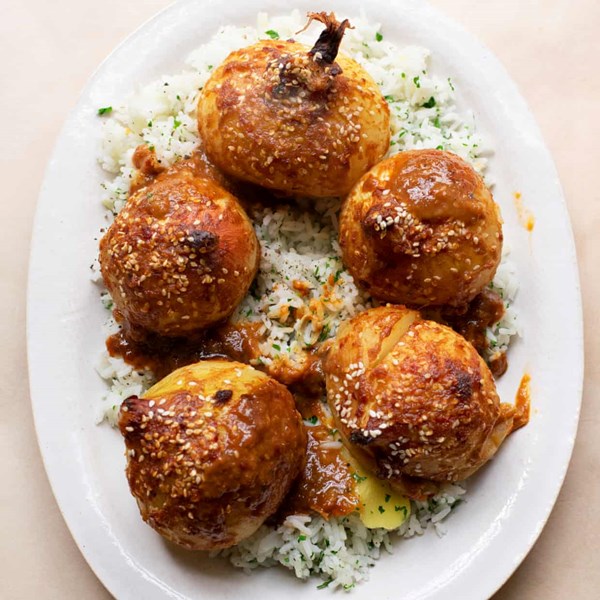 Roast onions, miso and sesame