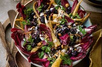 Roast parsnip & grape salad with hazelnuts, chicory and Parmesan dressing