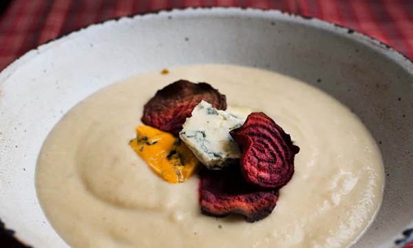 Roast parsnip and Stilton soup, beetroot crisps
