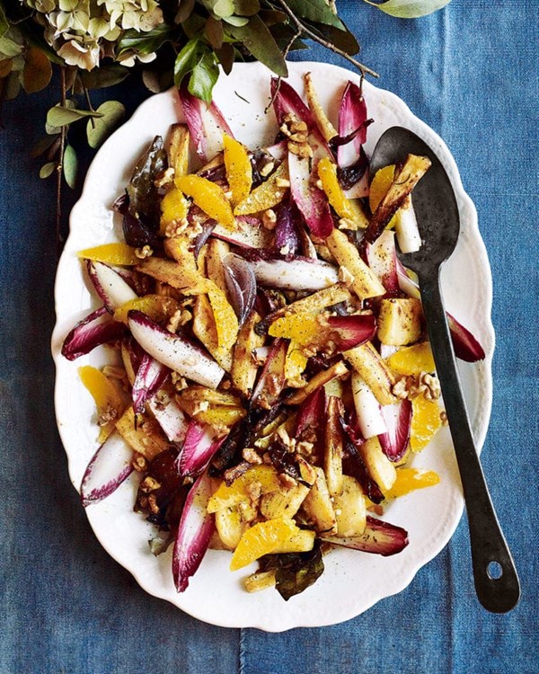 Roast parsnip, chicory, orange and red onion salad with rosemary and toasted walnuts