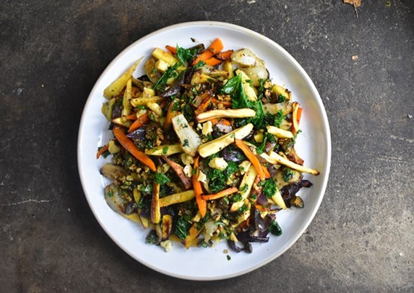 Roast parsnips and Jerusalem artichokes with cavolo nero and Stilton