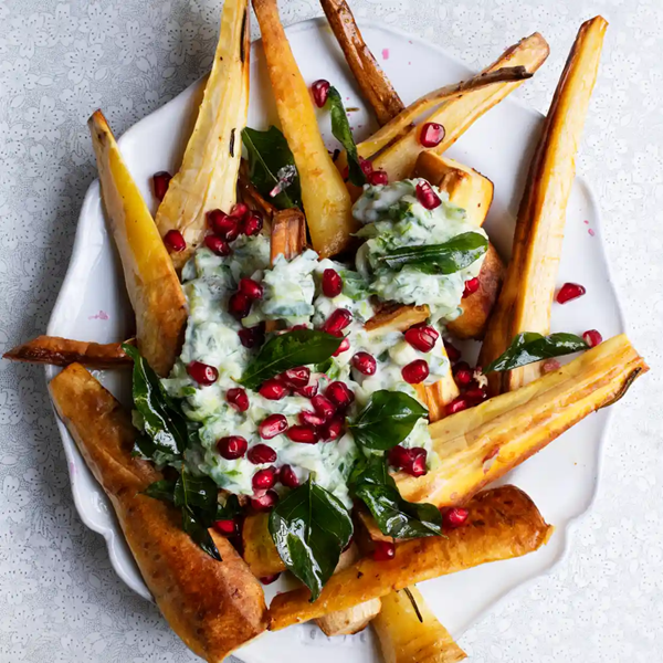 Roast parsnips, mint and pomegranate raita