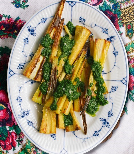 Roast parsnips with almond, sorrel and watercress sauce
