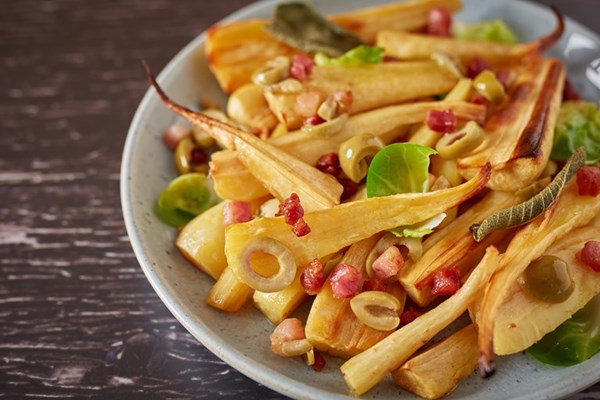  Roast parsnips with bacon, olives, sage and sprout leaves